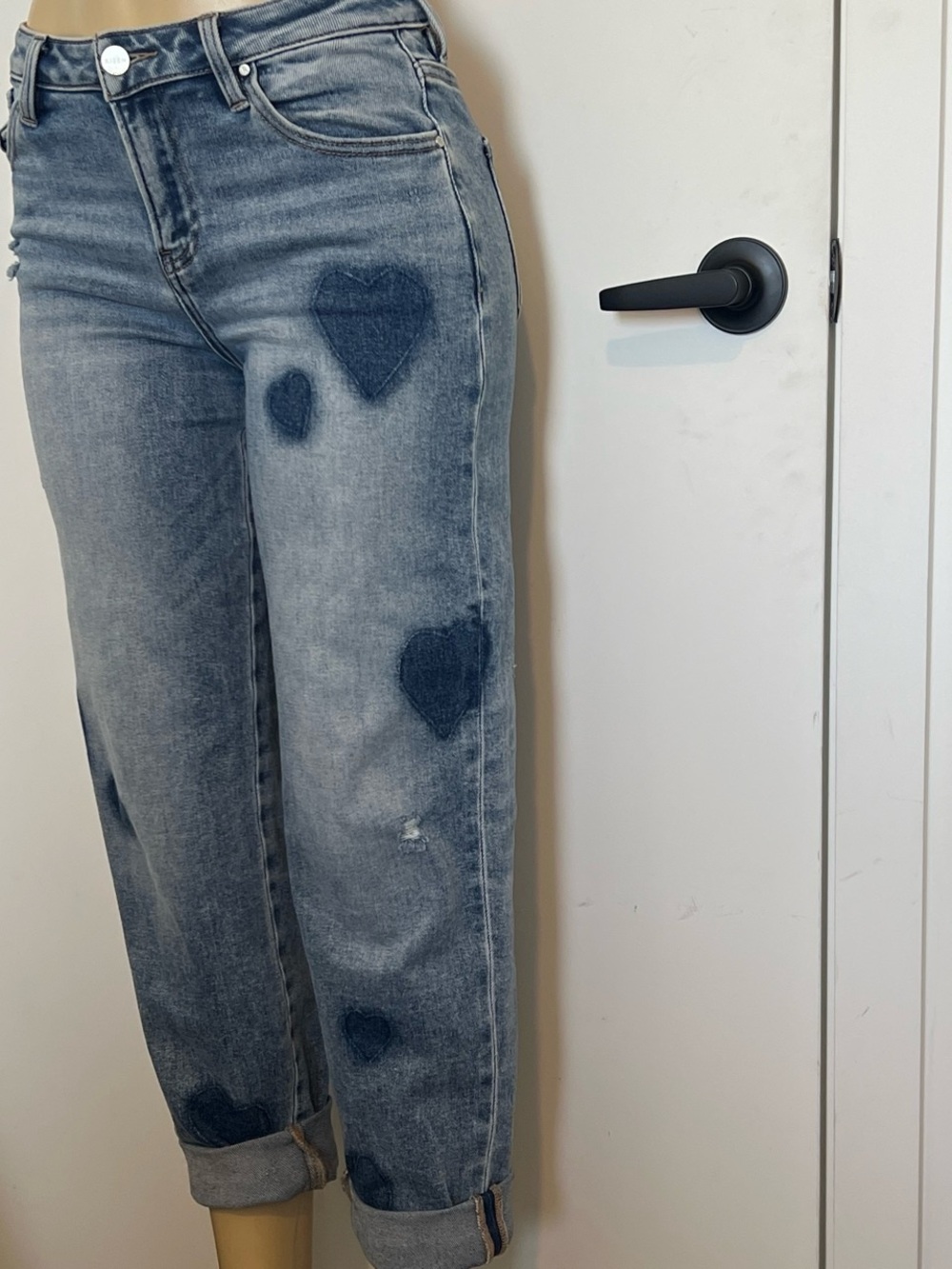 Relaxed Boyfriend Jeans with Heart Patch Detail - Blue